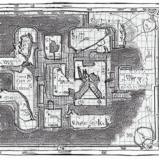 Prompt: old school dungeon map, black and white, high detail