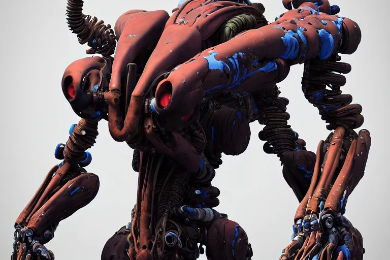 Image similar to portrait of a posed hyper detailed brown ultramarine burrower evangelion realistic mechanical and fleshy organic creature similar look as horizon forbidden west horizon zero dawn bioluminiscence in a dark deep forest at dawn in spring, with reflection and textures, by kilian eng, substance painter reaslitic mech surface metal painted scratches