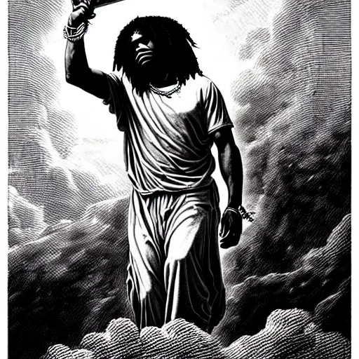 Image similar to cheef keef ascending into heaven holding actavis, biblical image, style of gustave dore, highly detailed, beautiful, high contrast, black and white