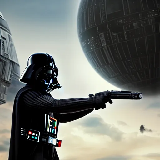 Image similar to darth vader taking a selfie in front of the death star ultrarealistic, intricate detail, high resolution, volumetric lighting, octane render, 8 k