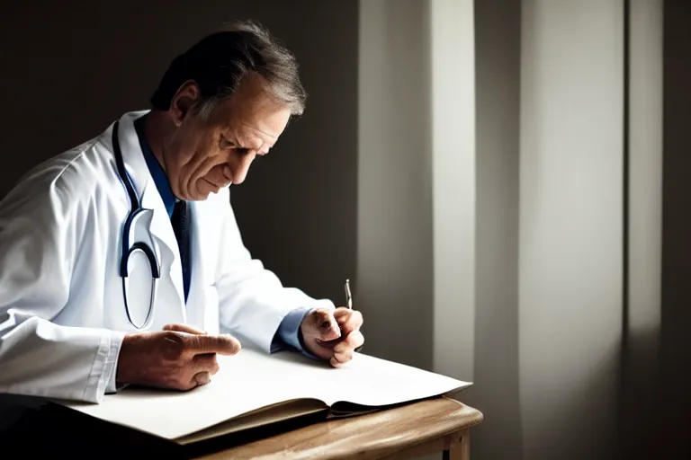 Image similar to a cinematic headshot portrait of an doctor reading his notes, moody lighting, movie still, shallow depth of field, muted colors, by werner herzog