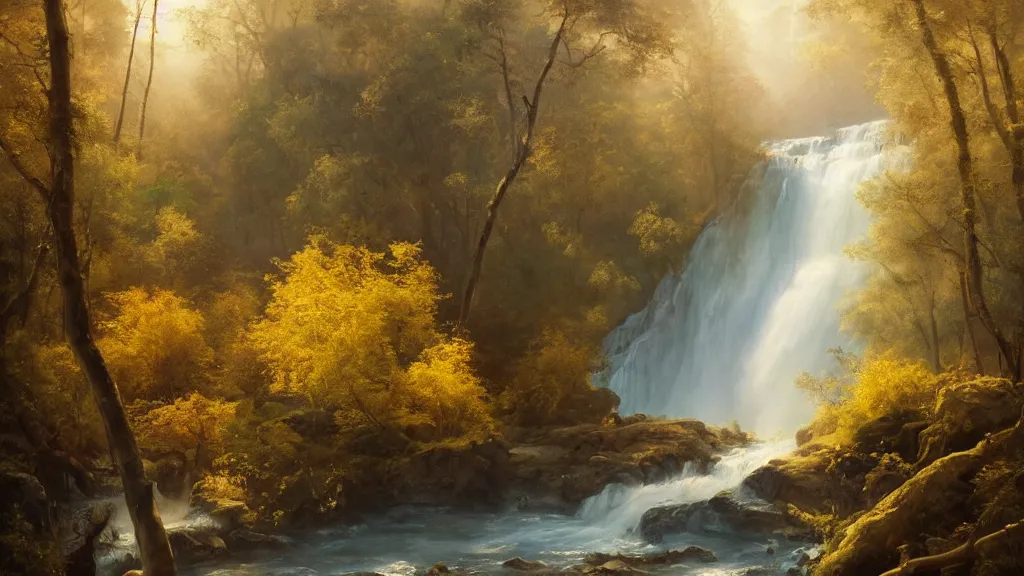 Image similar to the most beautiful panoramic landscape, oil painting, where a giant dreamy waterfall creates a river, the trees around are starting to bloom in yellow colors, a majestic deer is in close - up and it is exhaling steam, the ray lights of the sunrise are brightening him, by greg rutkowski