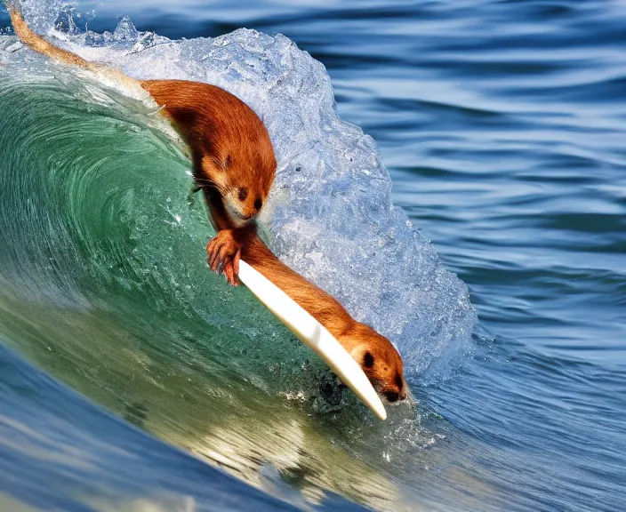 Prompt: 4 k hd, high detail photograph of weasel surfing a wave, shot with sigma f / 4. 2, 2 5 0 mm sharp lens, wide shot, consistent, volumetric lighting, high level texture render