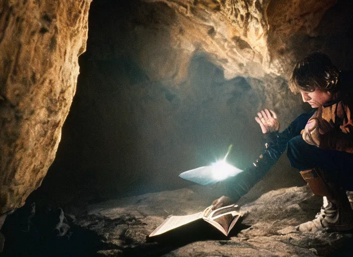 Image similar to detailed photo of Luke skywalker finding the ancient jedi texts in an strange hazy cave. 1985 film, Photographed with Leica Summilux-M 24 mm lens, ISO 100, f/8, Portra 400