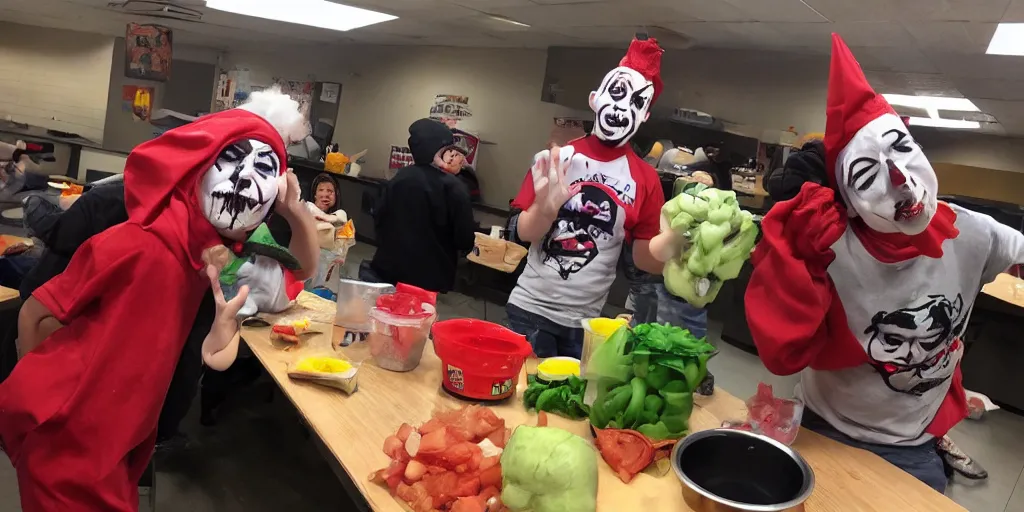 Prompt: cyclops Juggalo coneheads school food fight, detailed facial expressions