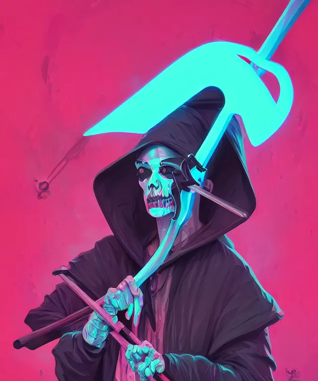 Image similar to a portrait of a neon grim reaper holding a scythe, fantasy, elegant, digital painting, artstation, concept art, matte, sharp focus, illustration, art by josan gonzalez