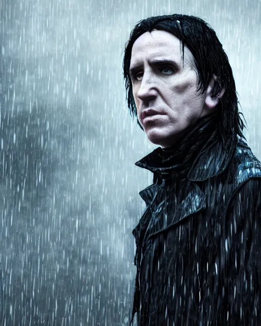 Image similar to An epic fantasy comic book style portrait painting of a very imposing Industrial goth Trent Reznor as Severus Snape in the rain, wet hair, neon reflections, character design by Mark Ryden and Pixar and Hayao Miyazaki, unreal 5, DAZ, hyperrealistic, octane render, cosplay, RPG portrait, dynamic lighting, intricate detail, cinematic