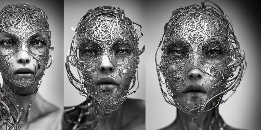 Prompt: hyper realistic photography of a stunningly cyborg female and male, intimate, intricate filigree, in the style of beth cavener, jin kagetsu, and wlop, highly detailed, chrome face symmetry, masterpiece, award - winning, sharp focus, concept art, high key, ambient lighting, 8 k, octane render,