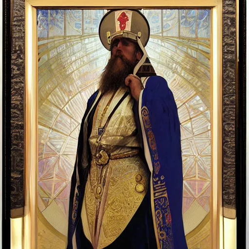 Prompt: painting of russian orthodox astronaut priest with gold visor by alphonse mucha, greg rutkowski, and bekzinski