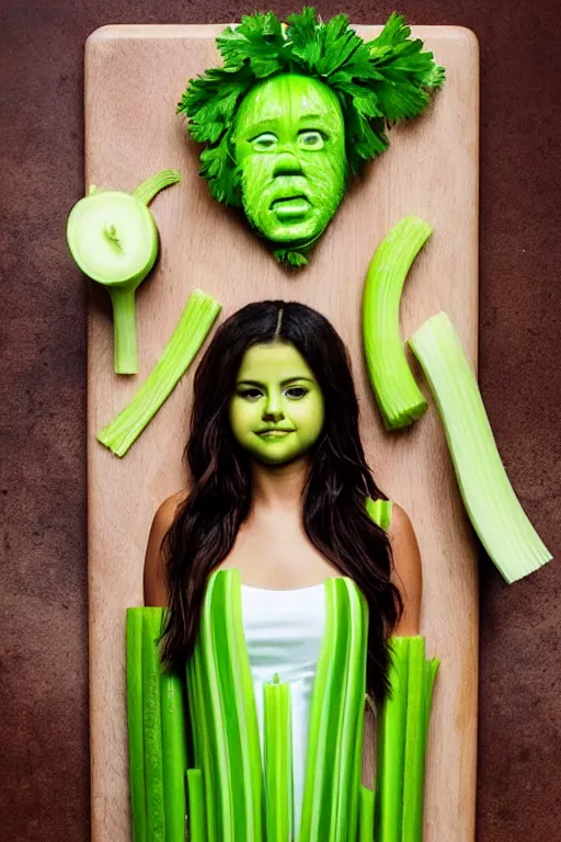 Image similar to selena gomez made out of celery, a human face with celery for hair, celery in the shape of a human face, a bunch of celery sitting on a cutting board, professional food photography