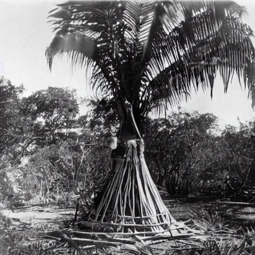 Image similar to a rizom lost film footage of a sacred ( ( ( ( ( ( ( indigenous ) ) ) ) ) ) ) artifact in the middle of the ( ( ( ( ( ( ( ( ( ( tropical jungle ) ) ) ) ) ) ) ) ) ) / ethnographic object / film still / cinematic / enhanced / 1 9 0 0 s / black and white / grain