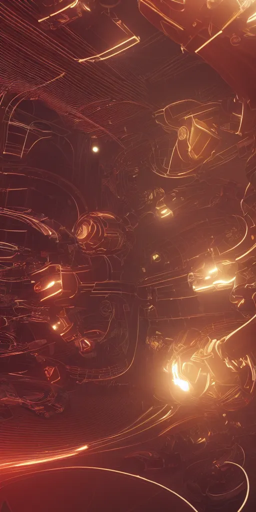 Image similar to the flow of time. complex shapes, highly detailed. octane render. robots are taking over. color scheme dark red and golden. cinematic.