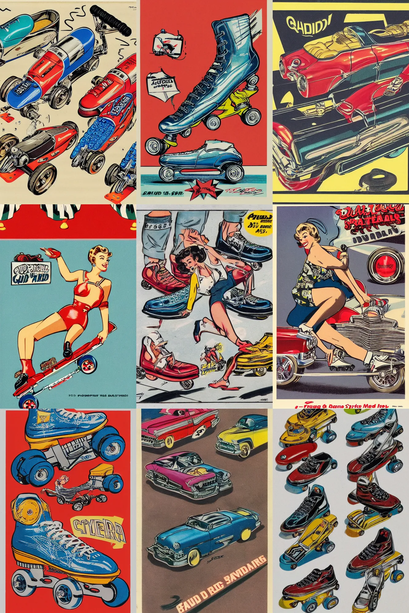 Prompt: quad roller skates in the style of a 50s muscle car hanging by laces by Frank Hampson and mcbess, 1950s
