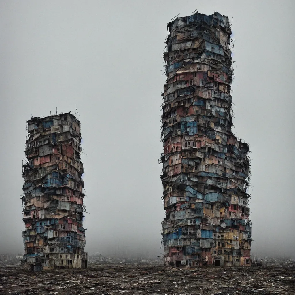 Prompt: close - up view of a tower made up of makeshift squatter shacks with faded colours, moody cloudy sky, uneven fog, dystopia, mamiya, fully frontal view, very detailed, photographed by andreas gursky