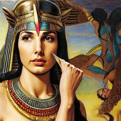 Image similar to Full body oil painting of the beautiful goddess Gal Gadot as Cleopatra, she is wearing egyptian clothes and a surreal jewelry, her hair is natural disheveled, she is approaching heaven over the clouds, Anubis is close to her, naturalism, dramatic lighting, high-detailed oil painting by Ilya Repin, Michelangelo da Caravaggio, William Blake, Alex Grey and Beksinski, trending on Artsation, hystorical painting, naturalism, masterpiece, 4k, 8k,