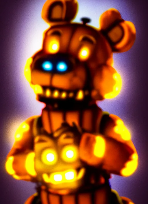 Image similar to portrait of freddy fazbear, glowing lights, highly detailed, digital painting, artstation, concept art, sharp focus, illustration