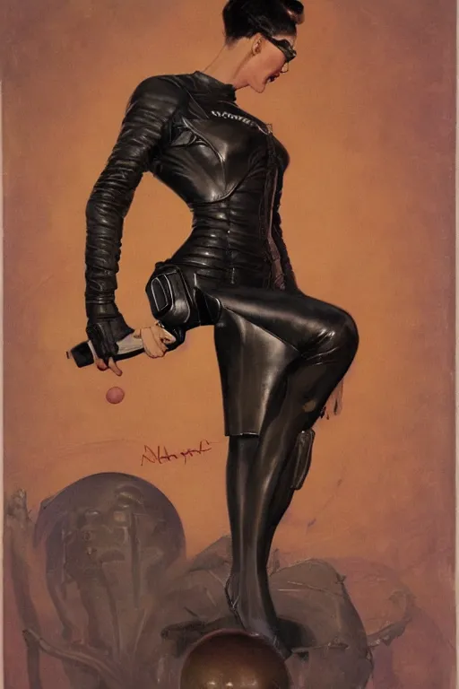 Prompt: 5 0 s pulp scifi fantasy illustration full body portrait slim mature woman in leather spacesuit, aiming shooting dynamic pose, by norman rockwell, roberto ferri, daniel gerhartz, edd cartier, jack kirby, howard v brown, ruan jia, tom lovell, frank r paul, jacob collins, dean cornwell, astounding stories, amazing, fantasy, other worlds