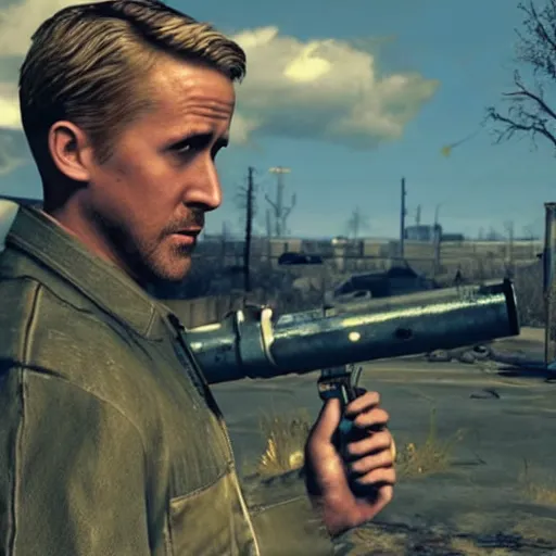 Prompt: ryan gosling in fallout 4 holds a minigun in his hands