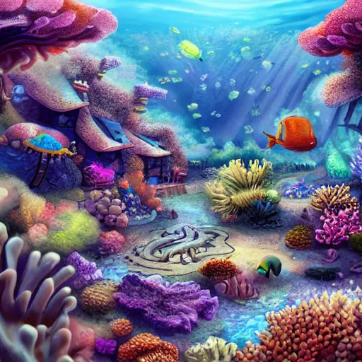 Image similar to coral reef village, underwater, digital art, trending on art station, high detail