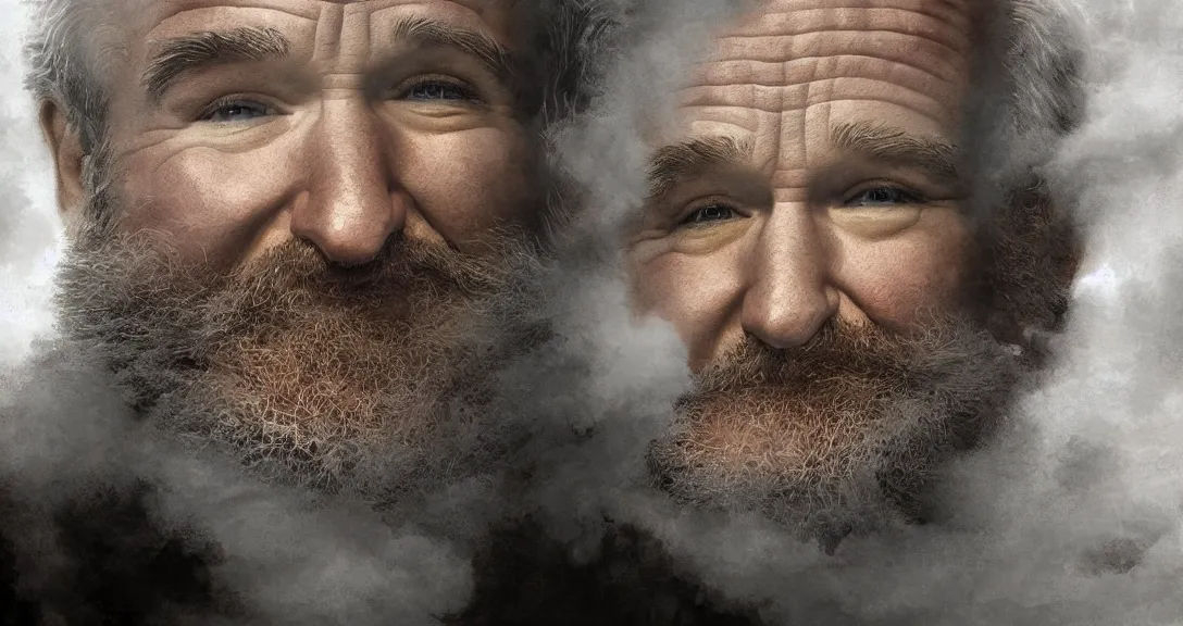 Image similar to robin williams is god, white beard, clouds, heaven, portrait, intricate, detailed, volumetric lighting, scenery, digital painting, highly detailed, artstation, sharp focus, illustration, concept art, ruan jia, steve mccurry