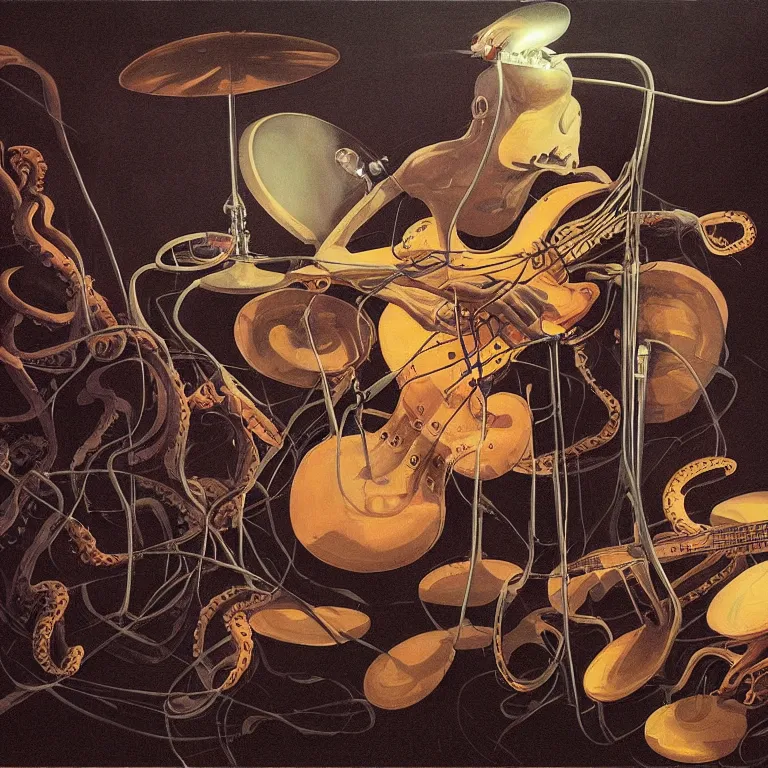 Image similar to a beautiful painting by etam cru of an octopus playing drums and telecaster guitar in an electronic concert, dark background, concert light, dark mood, warm lights