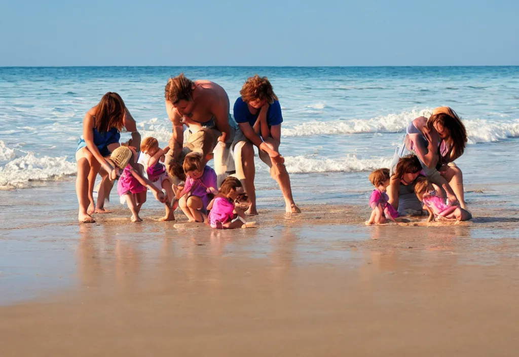 Prompt: a family at the beach playing in the sand