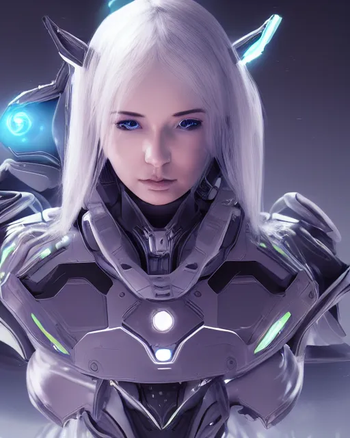 Image similar to perfect android girl on a mothership, warframe armor, beautiful face, scifi, futuristic, galaxy, nebula, raytracing, dreamy, long white hair, blue cyborg eyes, sharp focus, cinematic lighting, highly detailed, artstation, divine, by gauthier leblanc, kazuya takahashi, huifeng huang