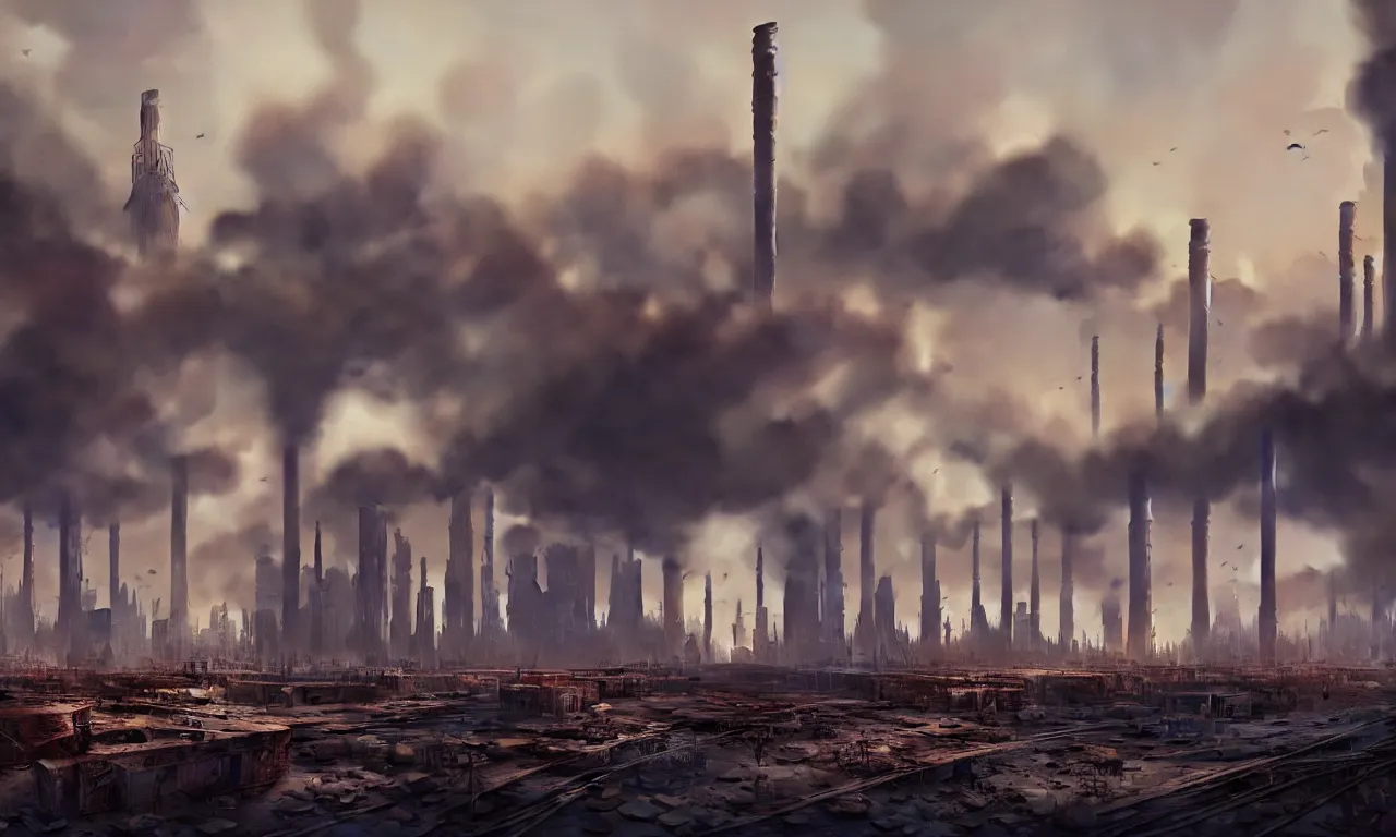 Image similar to ground level shot of dirty polluted derelict destroyed city with smoke stacks in the distance by Andrei Riabovitchev and Craig Mullins, 8k, hyperrealism, hyper realistic, highly detailed, octane render, award winning photography, artstation, cgsociety, concept art, conceptartworld, volumetric lighting, cinematic lighting, cinematic composition