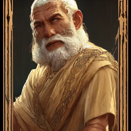 Image similar to close up of an old man wearing ancient canaanite clothing, deep focus, d & d, fantasy, intricate, elegant, highly detailed, digital painting, artstation, concept art, matte, sharp focus, illustration, hearthstone, art by artgerm and greg rutkowski and alphonse mucha