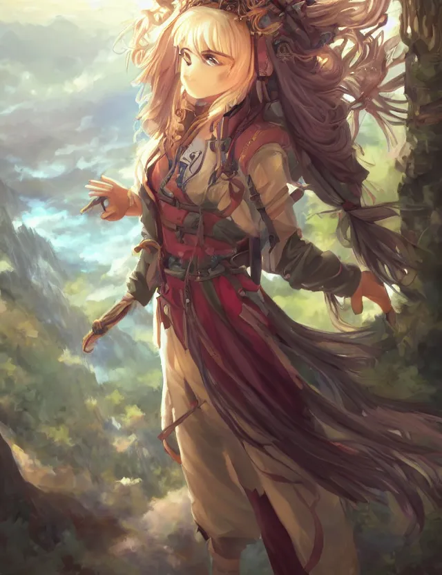 Image similar to scenic wide angle portrait of a teenage girl, distinct bard outfit, anime in fantasy style, trending artwork, painted in anime painter studio, by anato finstark, tony sart, marc simonetti and an anime artist, collaboration