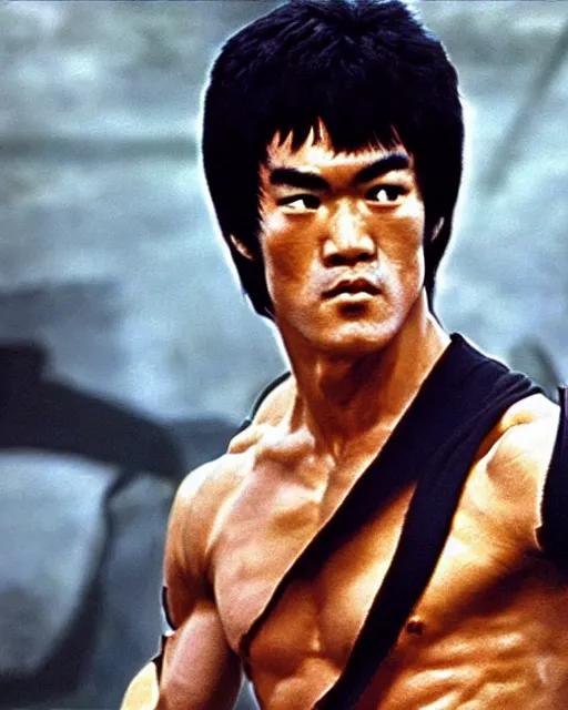 Image similar to bruce lee as kenshiro in live action fist of northstar movie, hyperreal, post apocalyptic, mutants, martial arts, cinematic