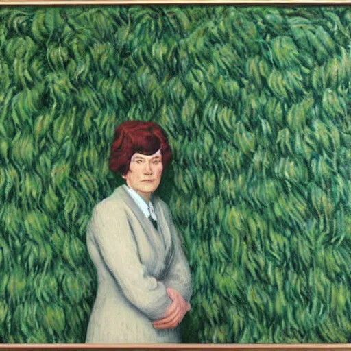 Prompt: portrait an artist in her apartment, wrapped in vines, black walls, puddles, moss, stone, acrylic on canvas, by magritte and monet