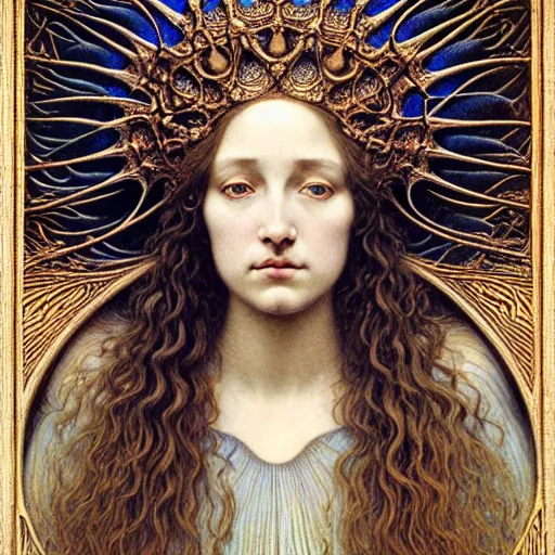 Image similar to detailed realistic beautiful young medieval queen face portrait by jean delville, gustave dore, iris van herpen and marco mazzoni, art forms of nature by ernst haeckel, art nouveau, symbolist, visionary, gothic, pre - raphaelite