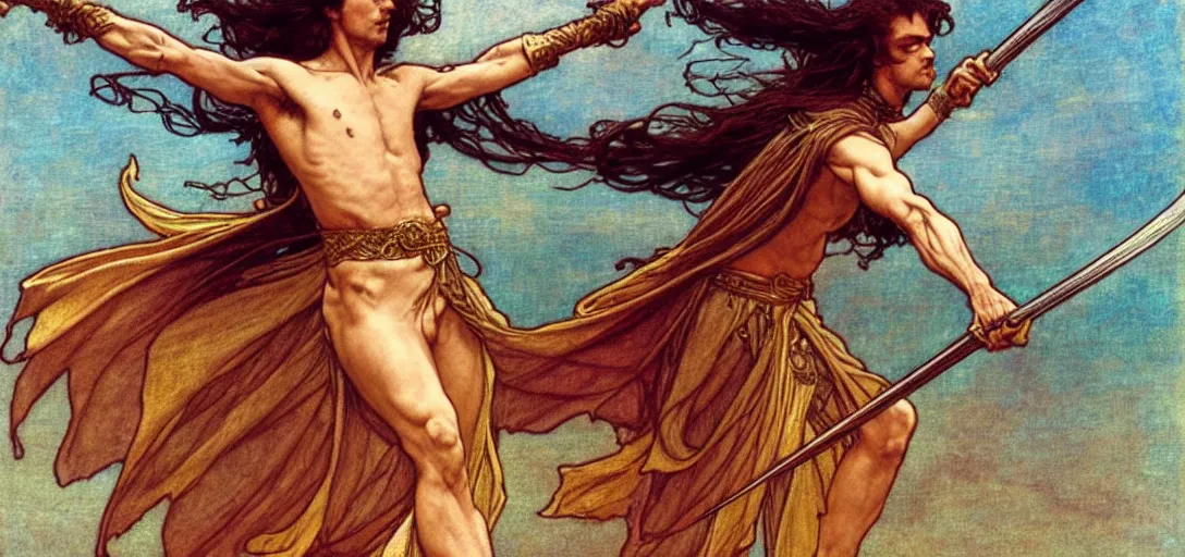 Image similar to a dual wielding golden swordsman leans back as he dances elegantly in the wind, his robes and long hair flowing in the breeze, his enemies lying on the ground below, fantasy, Mucha, MTG, Game of Thrones, salsa dancing, Rossetti, Millais, anatomically correct