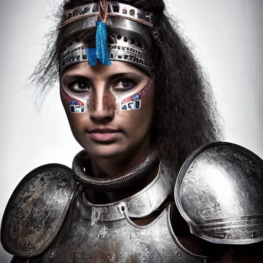 Prompt: head and shoulders portrait of a female knight, tribal warrior, photography by mark mann, hq