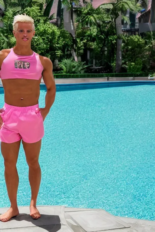 Image similar to a handsome male humanoid android with blonde hair, ken, muscular wearing a cut-off black crop top and short light pink shorts standing by a swimming pool, shiny glossy skin