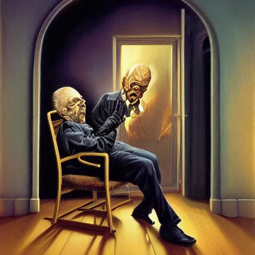 Prompt: angry old man in chair inside a dark house, surrealism, painting by boris vallejo and michael whelan