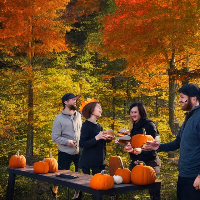 Prompt: pumpkin headed people ordering maple coffee at a maple coffee stand, maple trees with fall foliage, on a mountain in new hampshire, volumetric, realistic, cinematic lighting, ray tracing, unreal engine 5, octane render, hyper realistic, photo, 8 k