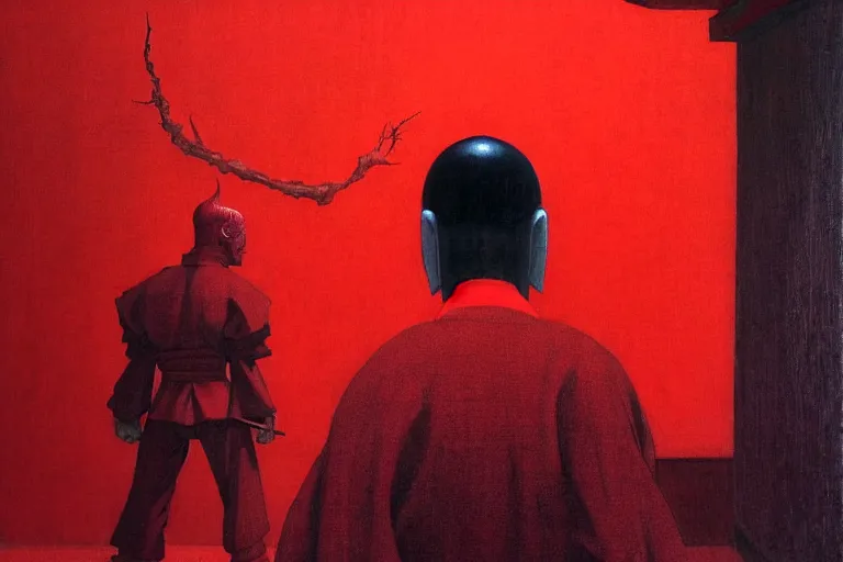 Image similar to only with red, a red samurai, tokio in background, some evil yokai, in the style of beksinski, parts by edward hopper, parts by rodcenko, parts by yue minjun, intricate and epic composition, red by caravaggio, insanely quality, highly detailed, masterpiece, red light, artstation, 4 k