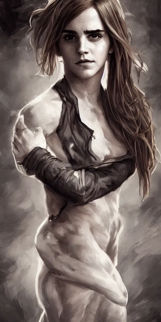 Image similar to clear portrait of emma watson, sinister appearance, ripped clothing, athletic, cottagecore!!, background hyper detailed, character concept, full body, dynamic pose, intricate, elegant, highly detailed, digital painting, artstation, concept art, smooth, sharp focus, illustration, art by artgerm and greg rutkowski and alphonse mucha