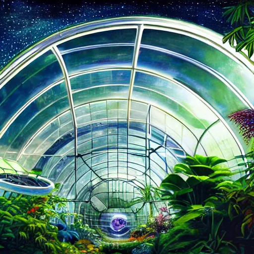 Image similar to a cinematic view of a space habitat colony, large indoor greenhouse with exotic plants, retrofuturism, scifi art, oil on canvas, biodome, stars in the sky above, details, hyper - detailed, hd, hdr, 4 k, 8 k