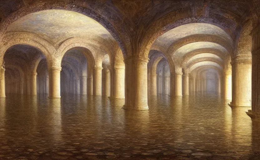 Prompt: tiled room squared waterway, aqueducts, fantasy. by konstantin razumov, fractal flame, chiaroscuro, highly detailded, volumetric lighting