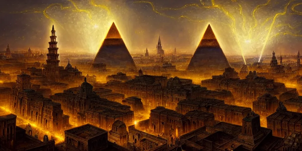 Prompt: magical city of the great tartarian empire adorned with amazing lost technology, lighting resembling fireflies, spires from rooftops collecting and distributing etheric energy, the centerpiece of the city is a colossal ancient pyramid made of metal, cityscape, combining intense detail & utmost quality, late 1 8 0 0 s photography christian hecker, artstation, - h 8 3 2