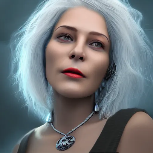 Image similar to **a beautiful woman with gray hair wearing a necklace and rings , 8K resolution, astral, aurora, hyperdetailed, serene, Mystic, trending on Artstation, Unreal Engine, digital art, soft focus, wide-angle lens**