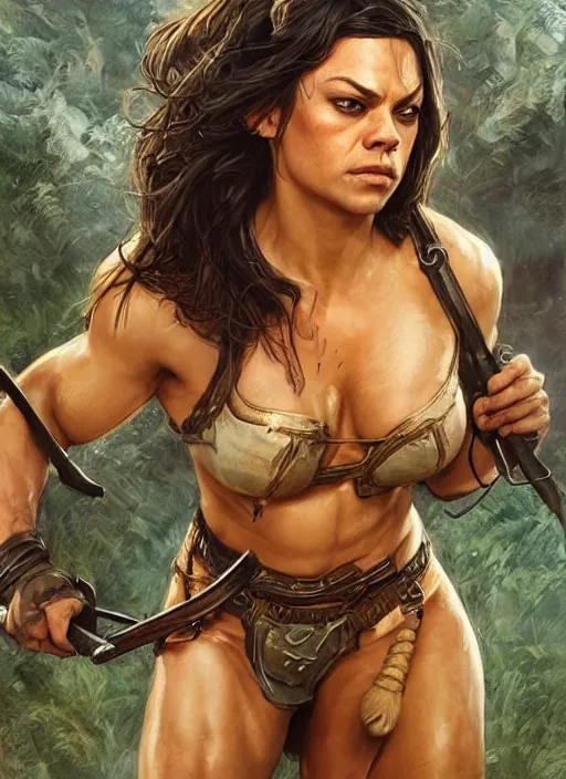 Image similar to exhausted Mila Kunis as a very muscled rugged looking Amazon, dirty, sweating, intricate, elegant, highly detailed, artstation, concept art, sharp focus, art by artgerm and donato giancola and Joseph Christian Leyendecker, WLOP