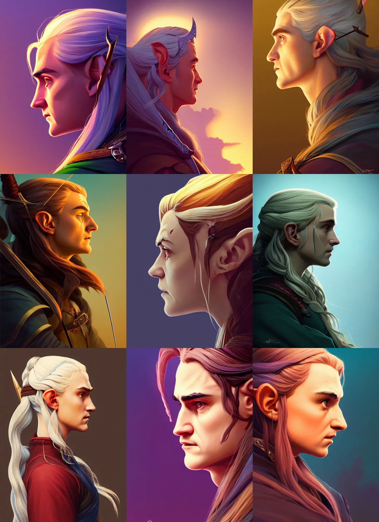 Prompt: side profile centered painted portrait, legolas as an elf ranger, evil, d & d, gloomhaven, matte painting concept art, art nouveau, beautifully backlit, swirly vibrant color lines, fantastically gaudy, aesthetic octane render, 8 k hd resolution, by ilya kuvshinov and cushart krentz and gilleard james