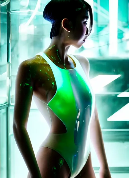 Prompt: an exotic asian female humanoid with freckles on face, cyber neon lighting, futurism, intricate, cyberpunk glossy white latex swimsuit, profile posing, hyper photorealistic, crispy quality, digital photography, trending in artstation, trending in pinterest, cinematic, 4 k ultra hd, art by pascal blanche, art by greg rutkowski,