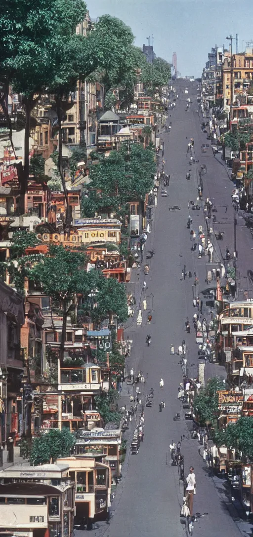 Prompt: a colorized 1 9 6 0 s bustling city street with cable cars and pedestrians and trees