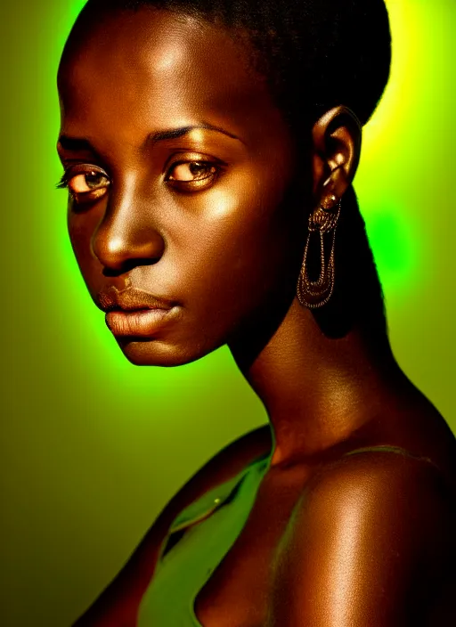 Prompt: a young beautiful african woman looking straight ahead with lights reflected in her green eyes, dark hair, 5 0 mm, symmetrical, hyperdetailed photograph, intricate details, in the style of a national geographic portrait, global illumination, radiant light, detailed and intricate environment, dark background