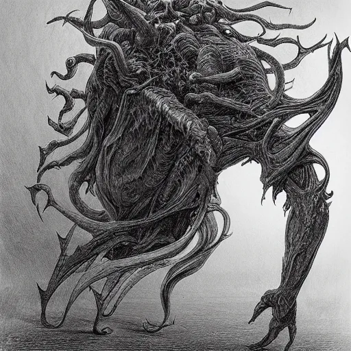 Prompt: full body grayscale drawing by Gustave Dore and Anato Finnstark of horned muscled humanoid beast, 3/4 view from below, engulfed in swirling flames